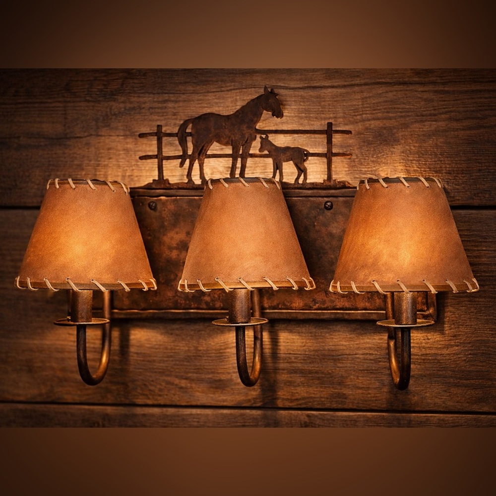 Rustic Western Horse Wall Sconce | 3-Light Metal Fixture | Shades | Lodge Decor